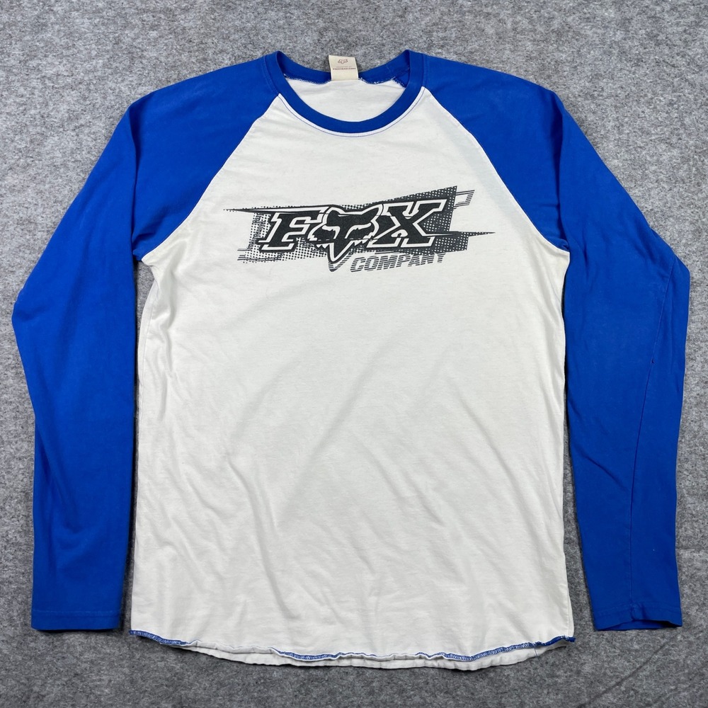VTG Fox Racing T-Shirt Mens Large White Blue Raglan Long Sleeve Fox Baseball Y2K